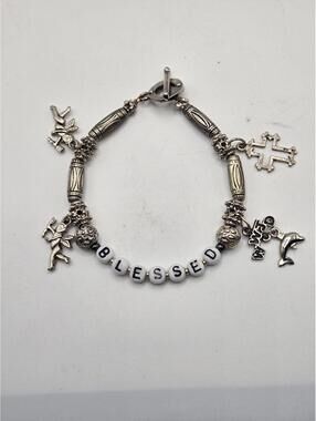 Vintage Silver Tone "BLESSED" & "WWJD" Religious Charm Bracelet with Angel
